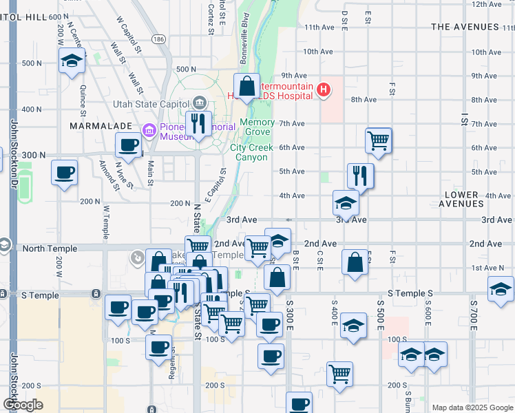 map of restaurants, bars, coffee shops, grocery stores, and more near 171 East 3rd Avenue in Salt Lake City