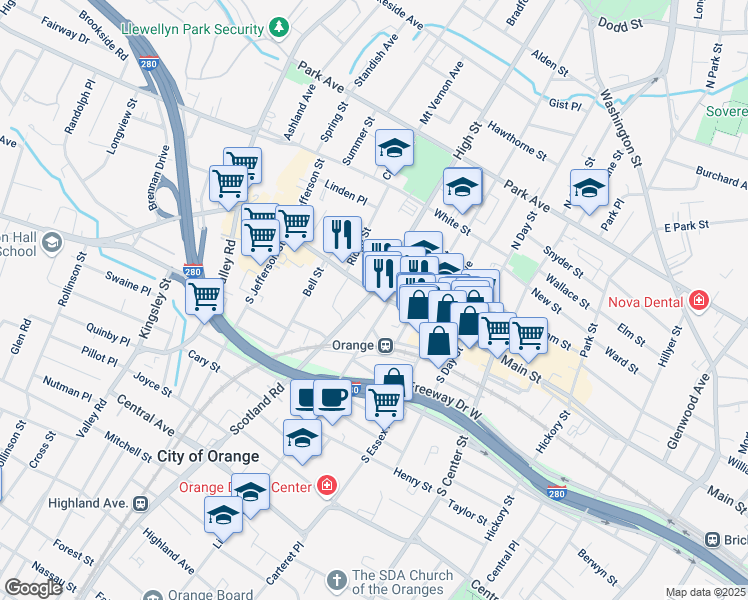 map of restaurants, bars, coffee shops, grocery stores, and more near 19 Lincoln Avenue in City of Orange