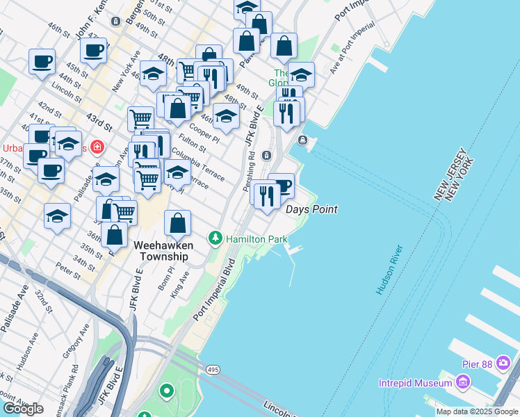 map of restaurants, bars, coffee shops, grocery stores, and more near 1300 Avenue at Port Imperial in Weehawken