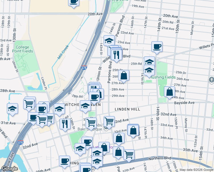 map of restaurants, bars, coffee shops, grocery stores, and more near 28-02 Parsons Boulevard in Queens