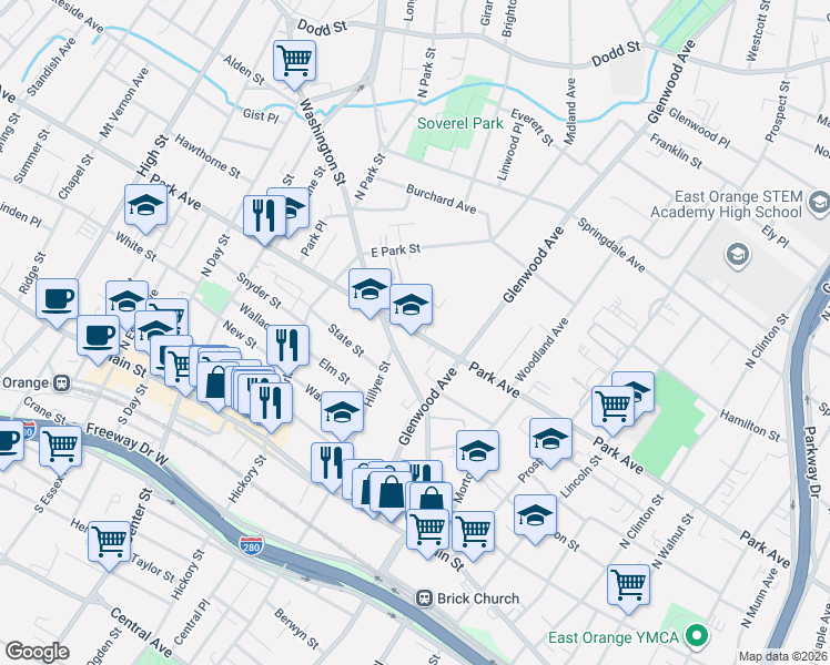 map of restaurants, bars, coffee shops, grocery stores, and more near 90 Washington Street in East Orange