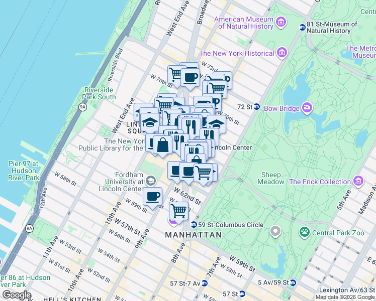 map of restaurants, bars, coffee shops, grocery stores, and more near 106 Columbus Avenue in New York