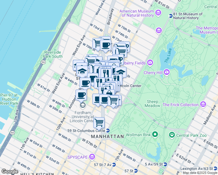 map of restaurants, bars, coffee shops, grocery stores, and more near 62 West 66th Street in New York