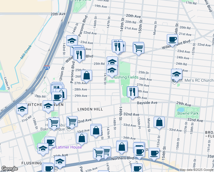 map of restaurants, bars, coffee shops, grocery stores, and more near 147-8 28th Avenue in Queens