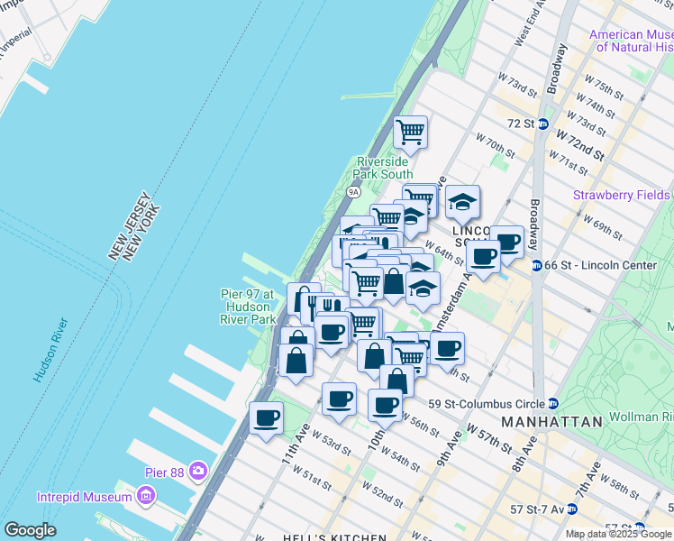 map of restaurants, bars, coffee shops, grocery stores, and more near 10 Riverside Boulevard in New York