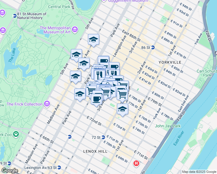 map of restaurants, bars, coffee shops, grocery stores, and more near 188 East 78th Street in New York