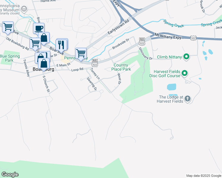map of restaurants, bars, coffee shops, grocery stores, and more near 524 West Drive in Boalsburg