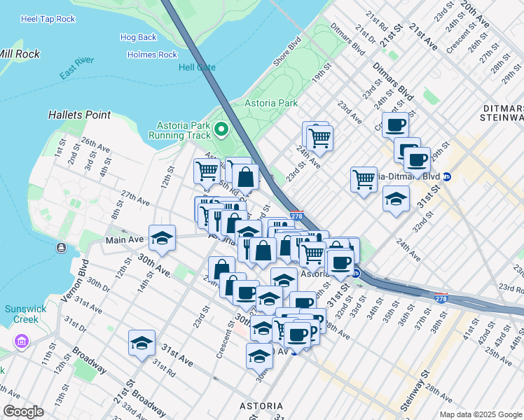 map of restaurants, bars, coffee shops, grocery stores, and more near 25-27 23rd Street in Queens