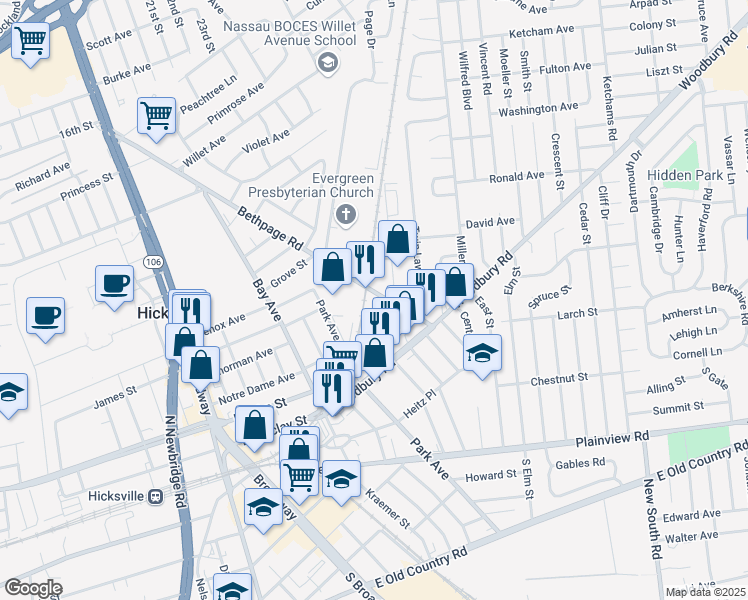 map of restaurants, bars, coffee shops, grocery stores, and more near 4 Bethpage Road in Hicksville