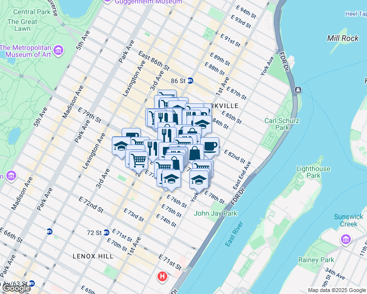 map of restaurants, bars, coffee shops, grocery stores, and more near 345 East 80th Street in New York