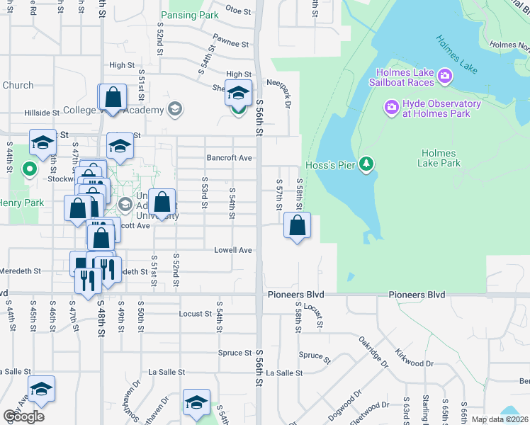 map of restaurants, bars, coffee shops, grocery stores, and more near 5620 Prescott Avenue in Lincoln