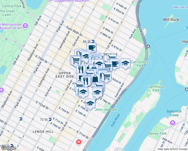 map of restaurants, bars, coffee shops, grocery stores, and more near 400 East 81st Street in New York