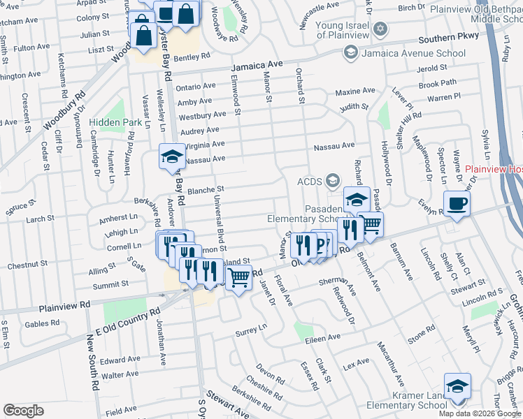 map of restaurants, bars, coffee shops, grocery stores, and more near 49 Relda Street in Plainview