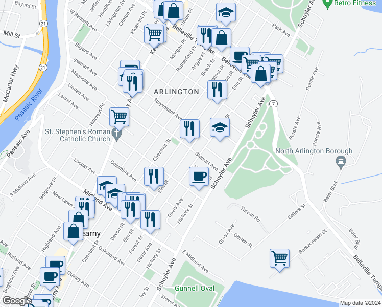 map of restaurants, bars, coffee shops, grocery stores, and more near 586 Elm Street in Kearny