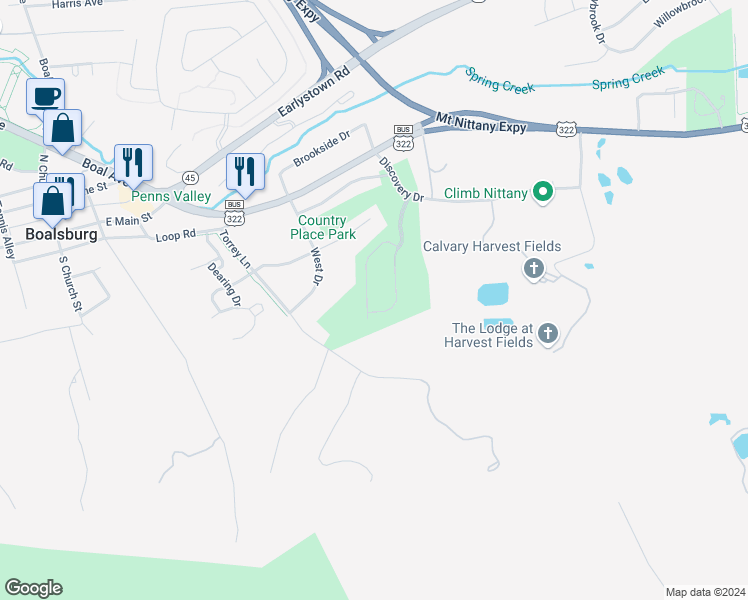 map of restaurants, bars, coffee shops, grocery stores, and more near 199 Towhee Drive in Boalsburg