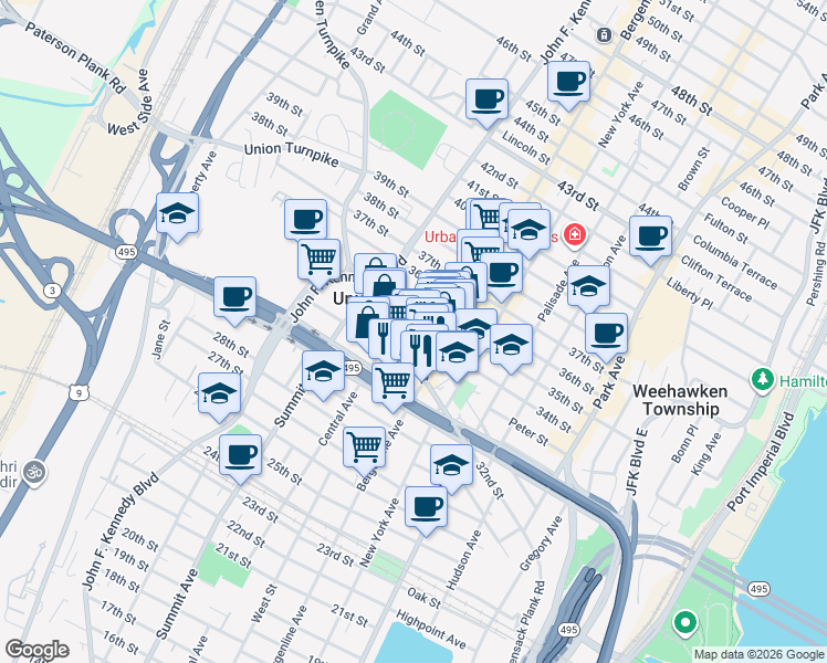 map of restaurants, bars, coffee shops, grocery stores, and more near 518 Hackensack Plank Road in Union City