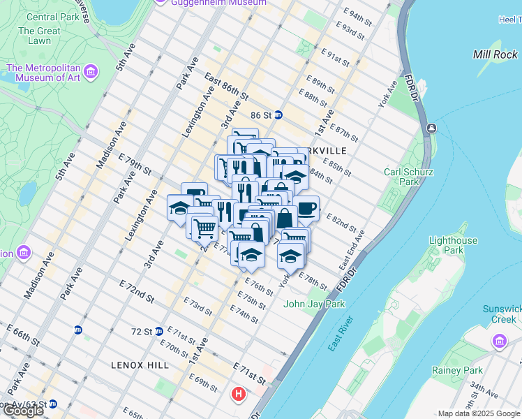map of restaurants, bars, coffee shops, grocery stores, and more near 1518 First Avenue in New York