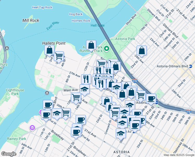 map of restaurants, bars, coffee shops, grocery stores, and more near 1437 27th Avenue in Queens
