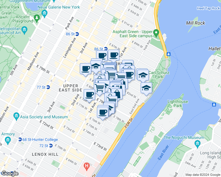 map of restaurants, bars, coffee shops, grocery stores, and more near 411 East 81st Street in New York
