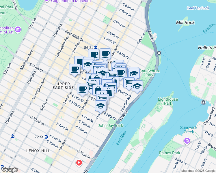 map of restaurants, bars, coffee shops, grocery stores, and more near 432 East 82nd Street in New York