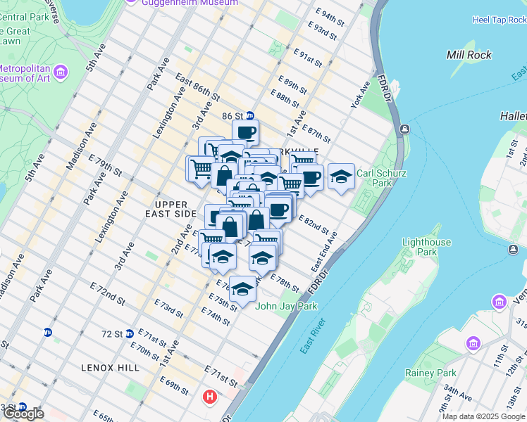 map of restaurants, bars, coffee shops, grocery stores, and more near 409 East 81st Street in New York