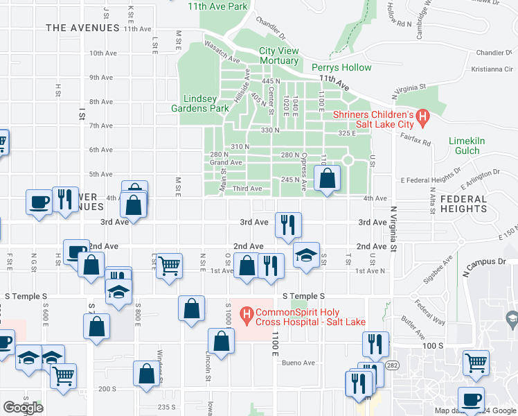 map of restaurants, bars, coffee shops, grocery stores, and more near 953 3rd Avenue in Salt Lake City