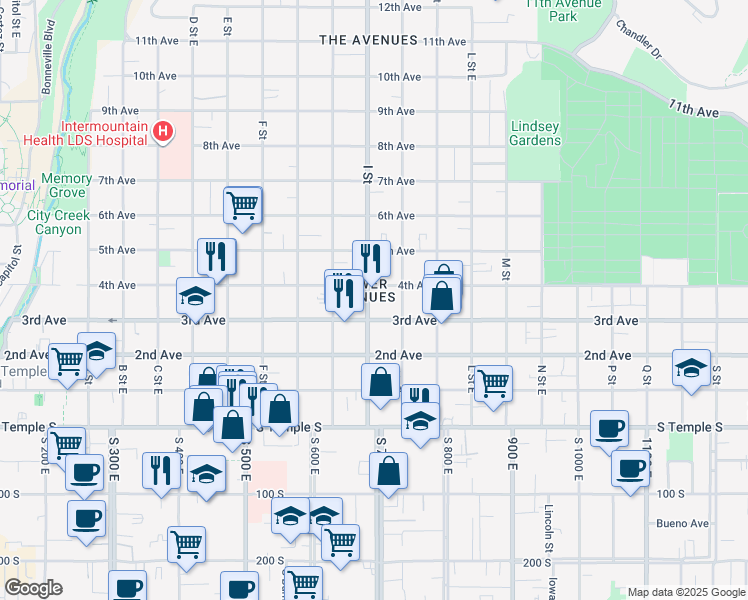map of restaurants, bars, coffee shops, grocery stores, and more near 156 I Street in Salt Lake City