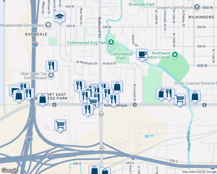 map of restaurants, bars, coffee shops, grocery stores, and more near 156 North Redwood Road in Salt Lake City
