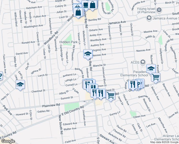 map of restaurants, bars, coffee shops, grocery stores, and more near 545 South Oyster Bay Road in Plainview