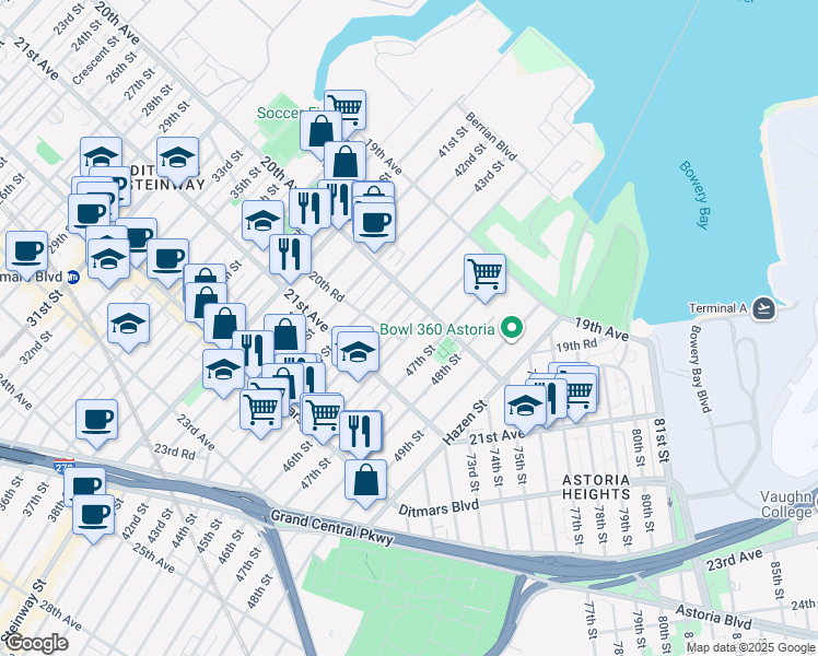 map of restaurants, bars, coffee shops, grocery stores, and more near 20-37 46th Street in Queens