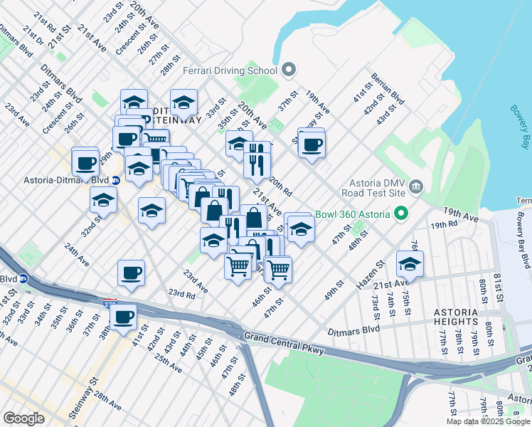 map of restaurants, bars, coffee shops, grocery stores, and more near 21-36 42nd Street in Queens