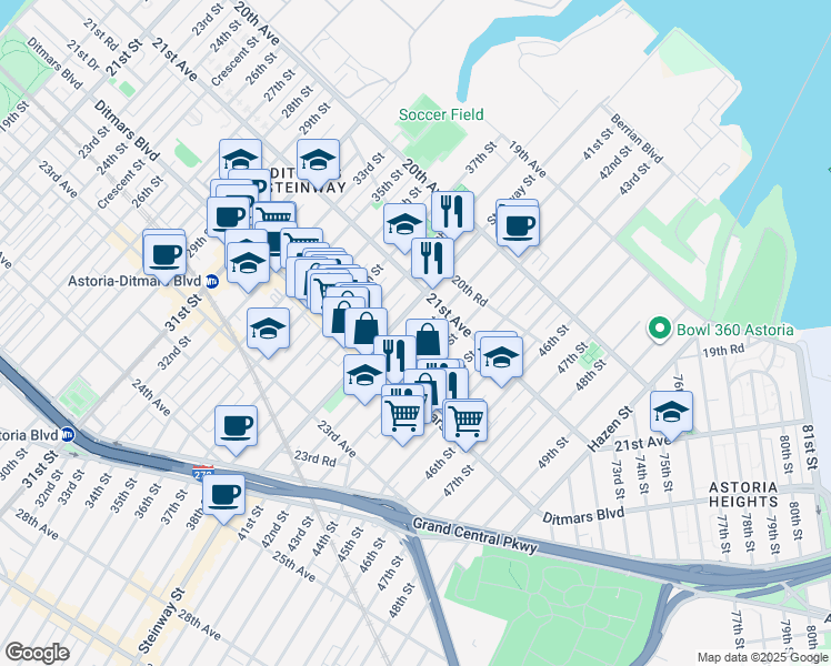 map of restaurants, bars, coffee shops, grocery stores, and more near 21-36 42nd Street in Queens