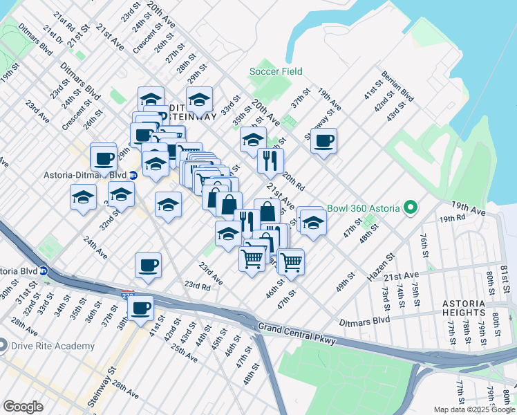 map of restaurants, bars, coffee shops, grocery stores, and more near 21-62 41st Street in Queens
