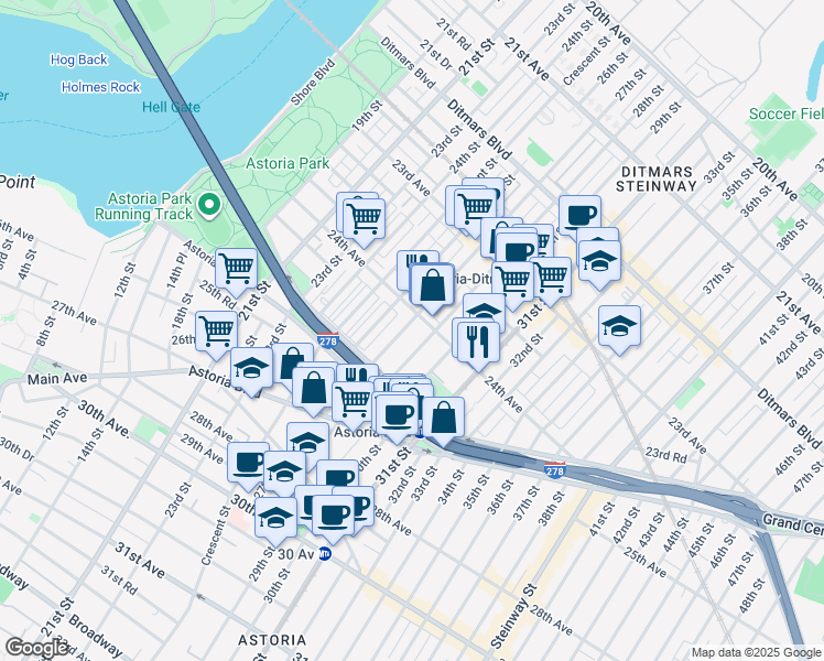 map of restaurants, bars, coffee shops, grocery stores, and more near 24-39 27th Street in Queens