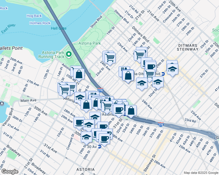 map of restaurants, bars, coffee shops, grocery stores, and more near 24-63 26th Street in Queens