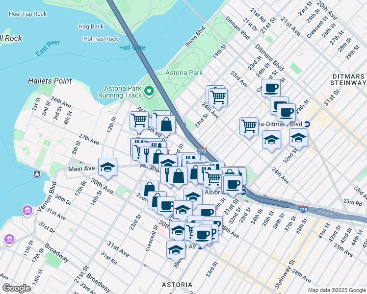 map of restaurants, bars, coffee shops, grocery stores, and more near 25-27 23rd Street in Queens