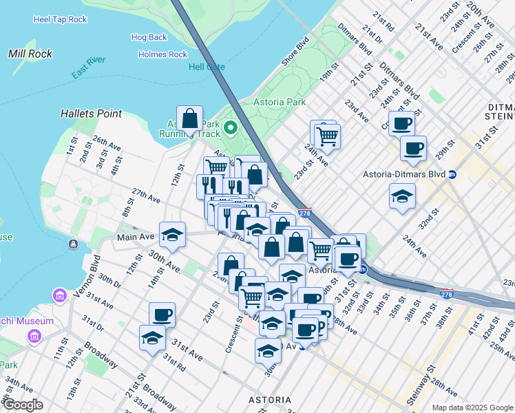 map of restaurants, bars, coffee shops, grocery stores, and more near 25-52 22nd Street in Queens