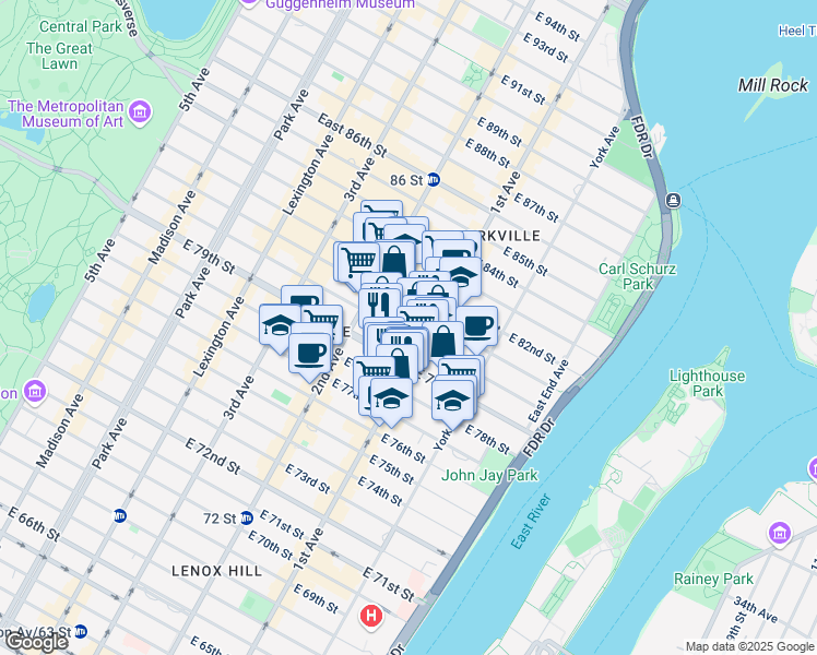 map of restaurants, bars, coffee shops, grocery stores, and more near 1518 First Avenue in New York