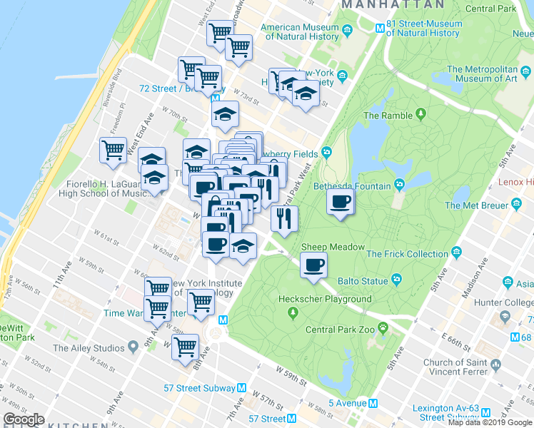 map of restaurants, bars, coffee shops, grocery stores, and more near 70 Central Park West in New York