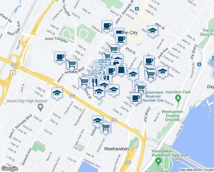 map of restaurants, bars, coffee shops, grocery stores, and more near in Union City