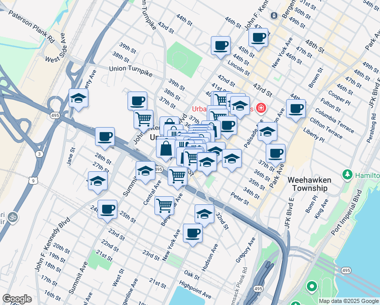 map of restaurants, bars, coffee shops, grocery stores, and more near 518 Hackensack Plank Road in Union City