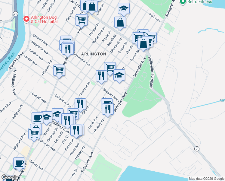 map of restaurants, bars, coffee shops, grocery stores, and more near 284 Stewart Avenue in Kearny
