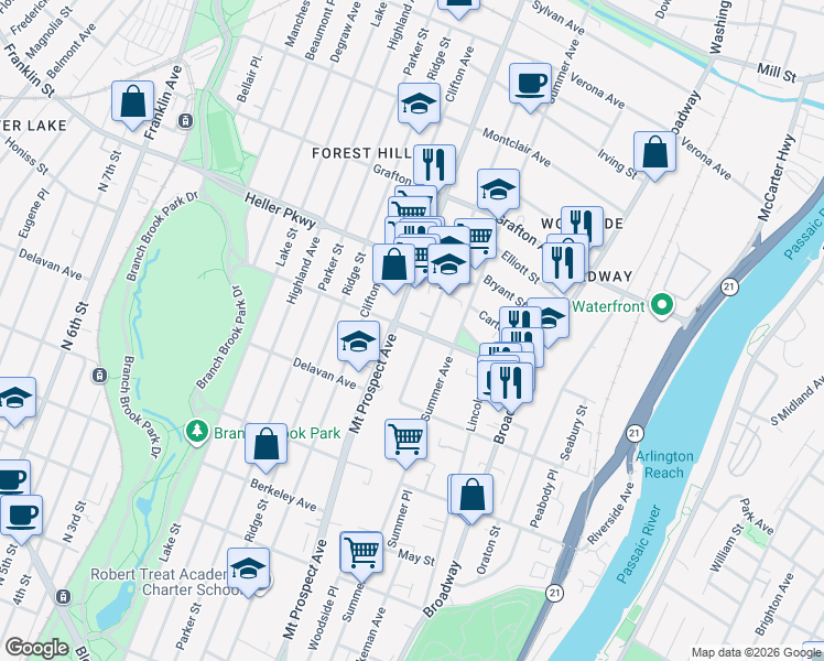map of restaurants, bars, coffee shops, grocery stores, and more near 198 Woodside Avenue in Newark