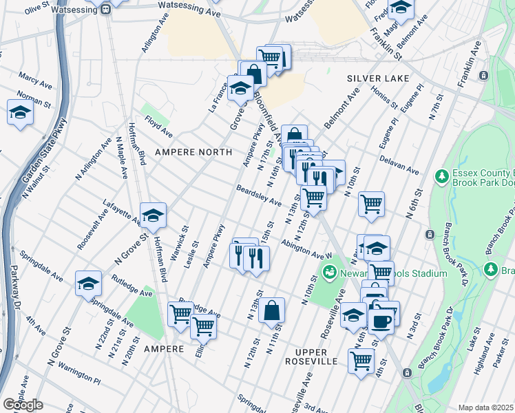 map of restaurants, bars, coffee shops, grocery stores, and more near 198 North 16th Street in Bloomfield