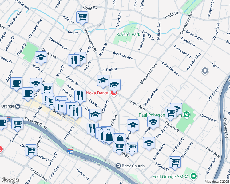 map of restaurants, bars, coffee shops, grocery stores, and more near 90 Washington Street in East Orange