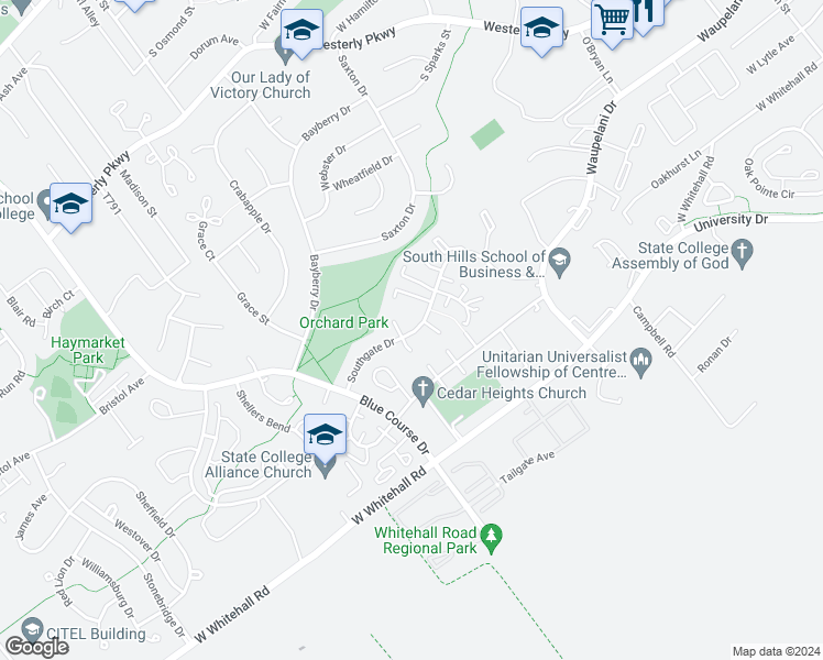 map of restaurants, bars, coffee shops, grocery stores, and more near 944 Southgate Drive in State College