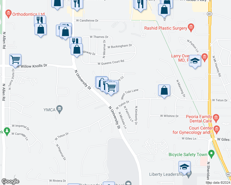 map of restaurants, bars, coffee shops, grocery stores, and more near 6926 North University Street in Peoria