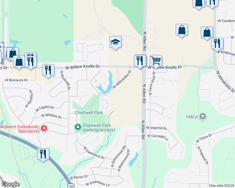 map of restaurants, bars, coffee shops, grocery stores, and more near 2806 West Willow Ridge Circle in Peoria