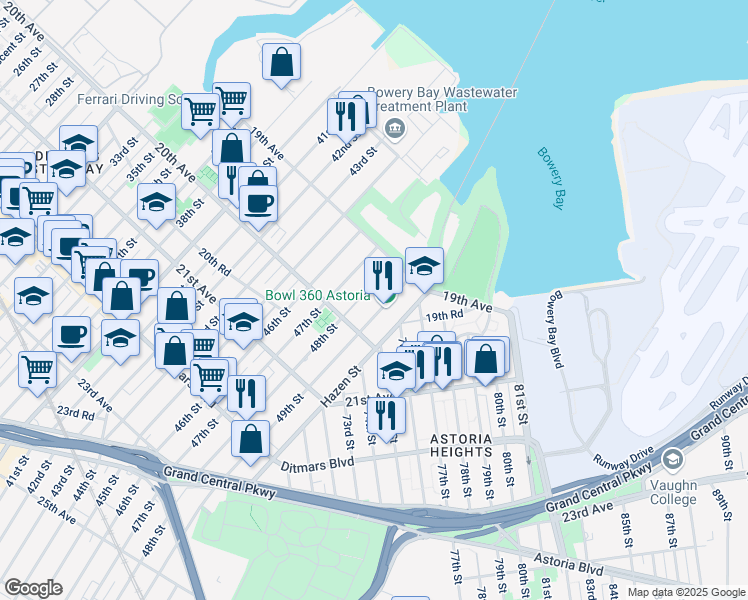 map of restaurants, bars, coffee shops, grocery stores, and more near 48-11 20th Avenue in Queens