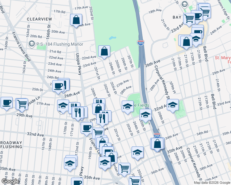 map of restaurants, bars, coffee shops, grocery stores, and more near 2718 203rd Street in Queens